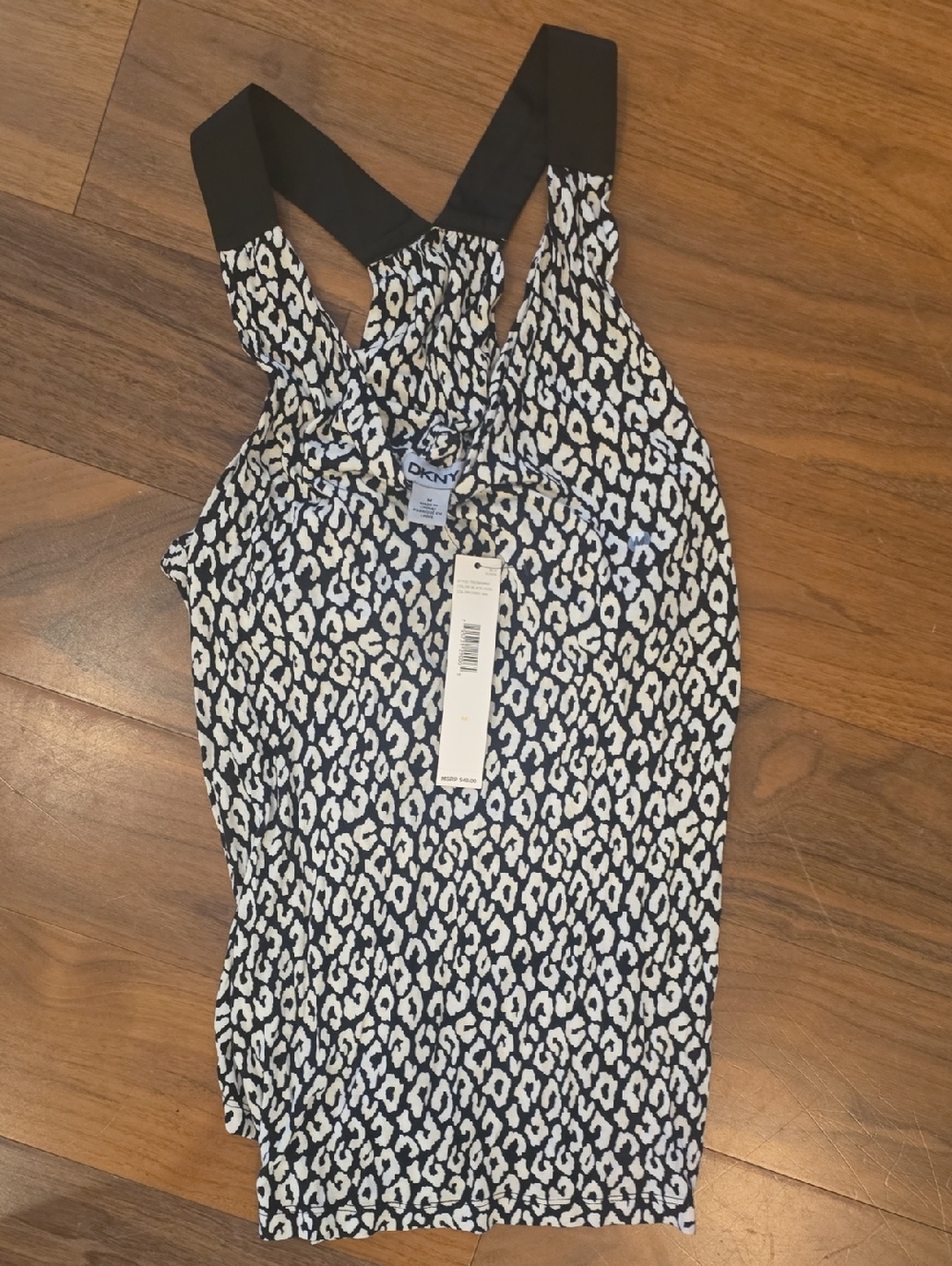 DKNY Brown and White Leopard Halter Tank with Black Straps